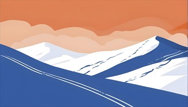 Simplified representation of ski tracks on a pristine snowy slope, created with bold, clean lines,