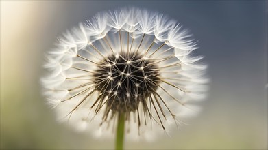 Macro shot of a dandelion (Taraxacum officinale), focusing on the fluffy seed head and fine