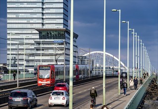 Kennedyufer in Cologne Deutz, on the Rhine, Lanxess Tower, administration building, tram on the