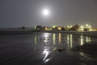 Full moon, moonlight, village, houses, snow, sea, coast, winter, Ekkeroy, Varanger Peninsula,