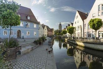 Stadtbach, behind it Our Lady's Church, Memmingen, Allgäu, Bavaria, Germany, Europe