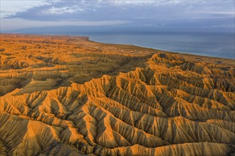 Landscape of eroded hills, badlands at sunset, Lake Issyk Kul in the background, aerial view,