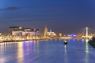 Panorama from the south bridge, Rheinauhafen harbour with crane houses, cathedral and