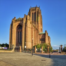 Gothic cathedral against a clear blue sky and historic flair, Liverpool