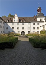 Historic town hall in the former Jesuit college, inner courtyard with fountain, Old Town, Koblenz,