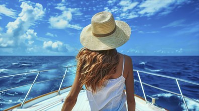 Young beautiful lady in a hat standing on yacht during luxury cruise and looking at azure ocean, AI