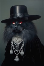 Black long-haired Angora Cat dressed in a sumptuous black attire and wearing a hat, AI generated