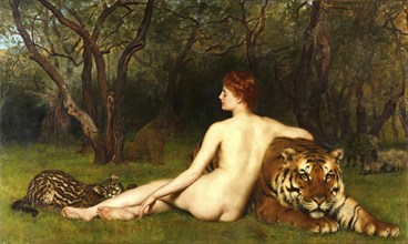 A naked woman sits relaxed next to a tiger in a green forest landscape. Circe, Zirce or Kirke, a