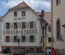 Historical painting on the facade of the town library, Bad Kissingen, Lower Franconia, Germany,