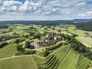 Aerial view of the ruins of Hochburg Castle, also known as Hachberg, 11th century, between