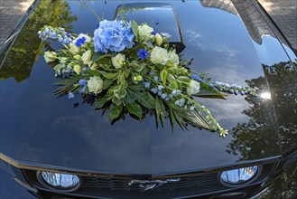 Flower decorations on a wedding car, Mecklenburg-Vorpommern, Germany, Europe