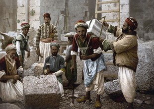 Stonemasons in Jerusalem, today Israel, Historical, digitally restored reproduction from a 19th