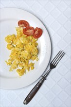 Scrambled eggs and tomatoes on a plate and fork