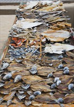 A wire rack with different types of dried fish on the beach, fish drying, Praia da Nazare beach,