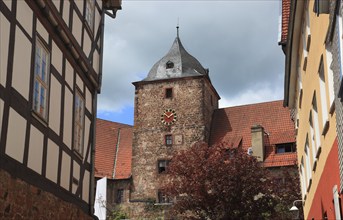 View of the tower of the Vorderburg, Schlitz, small town in the east of the Vogelsberg district in