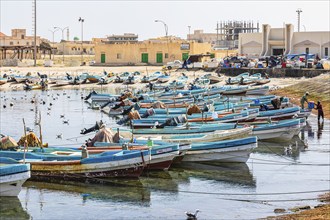 Fishing boats anchored in the harbour of Mirbat, Dhofar Province, Arabian Peninsula, Sultanate of