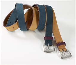 Leather belt in front of a white background, studio shot