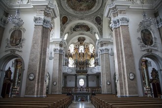 Church, baroque basilica St. Mang, interior view, organ, Füssen, Ostallgäu, Bavaria Germany