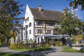 Historic half-timbered building from Rebgut Haltnau near Meersburg with outdoor catering directly