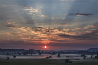 Sunrise, sunbeams, clouds, fog, summer, Loisach-Lake Kochel-Moor, foothills of the Alps, Bavaria,