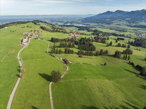 Mountain range near village Wertach, view to lake Gruentensee, aerial view, Allgaeu, Bavaria,