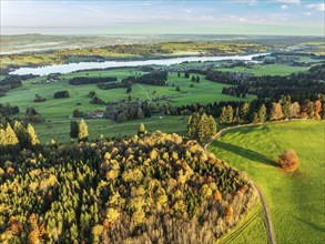 Mountain range near village Wertach, view to lake Rottachsee, aerial view, autumn colors, sunrise,