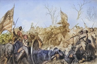 Capture of a Confederate flag at the Battle of Murfreesboro in 1862. From a painting by Alonzo