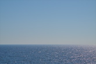 Wide view of the calm North Sea, under a clear blue sky, Bergen, Norway, Europe