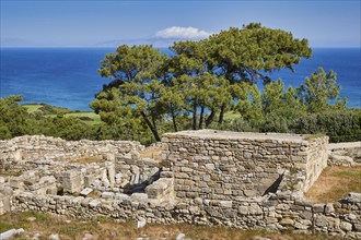 Ancient wall remains near a coast, surrounded by trees and a clear blue sky, the sea in the