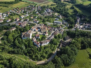 Aerial view of flower field, district of the southern Baden town of Tengen with flower field Castle