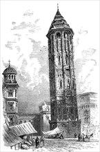 The leaning Torre nuevo in Zaragoza, Spain, in 1880, Historical, digital reproduction of an