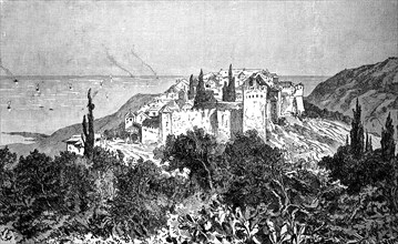 The Laura Monastery on Mount Athos in Greece, illustration from 1884, historical, digital