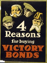 First World War 1914-1918: Canadian poster with 4 reasons for buying Victory Bonds. The reasons