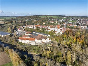 Aerial view of the village of Scheer with the residential palace and the former Kraemer paper mill,