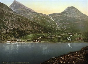 General view towards Merok, Geirangerfjord, Norway, View from 1885, Historical, digitally restored