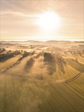 Aerial view of foggy fields in the golden hour of the morning with soft sunlight, Calw, Black