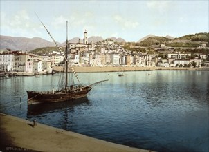 The harbour and old town of Menton on the Riviera, France, c. 1895, Historic, digitally restored