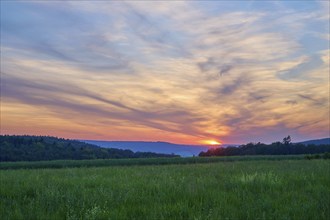 Green field with trees in the background under a dramatically illuminated sunset, the sky is bathed