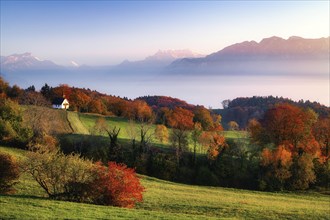 View of Dents du Midi at sunset, fog over Lake Geneva, Vevey, Canton of Vaud, Switzerland, Europe