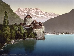 Chillon Castle and Dent du Midi, Lake Geneva, Switzerland, Historic, digitally restored