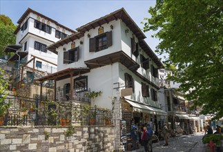 Lively street with traditional buildings and shops, surrounded by trees, Makrinitsa, Balcony of