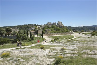 Plateau with tourists from the mountain village of Les Baux-de-Provence, Alpilles, Alpilles,