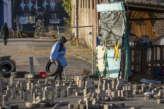 Barricades at the camp, start of the eviction of the hamlet Lützerath at the lignite mine