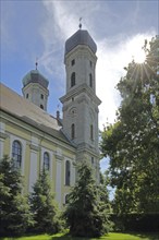 Baroque castle church backlit, Friedrichshafen, Obersee, Lake Constance, Lake Constance area,