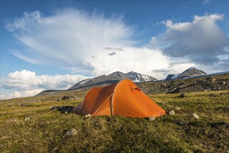 Tent in mountain landscape, Sarek National Park, World Heritage Laponia, Norrbotten, Lapland,