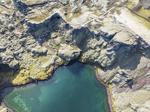 Lake in Tjarnargigur crater, moss-covered Laki crater or Lakagígar, series of craters, aerial view,