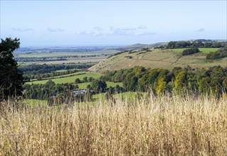 View over chalk scarp slope Vale of Pewsey, Pewsey Vale, Martinsell Hill, Oare, Wiltshire, England,