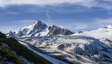 High alpine mountain landscape, summit of the Aiguille de Chardonnet and Glacier du Tour, glaciers