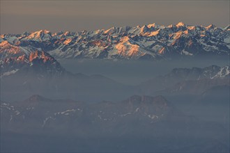 Morning haze and fog over mountain ranges, morning light, summer, Lechtal Alps, aerial view, Upper