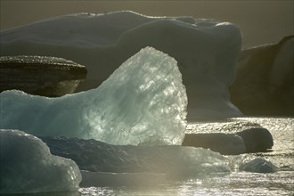 Icebergs, partly illuminated by the sunlight and surrounded by glittering water, Jökulsárlón